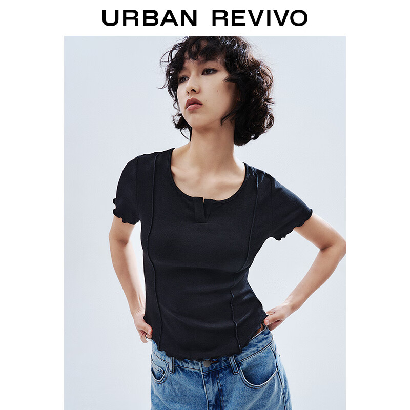 UR【都市趣野】2024夏季女装减龄感木耳边T恤衫UWV440133# 正黑() L
