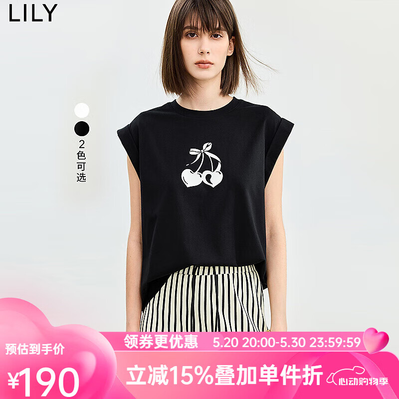 LILY2024夏女装趣味时尚印花设计感美式复古休闲通勤短袖T恤 510黑 L