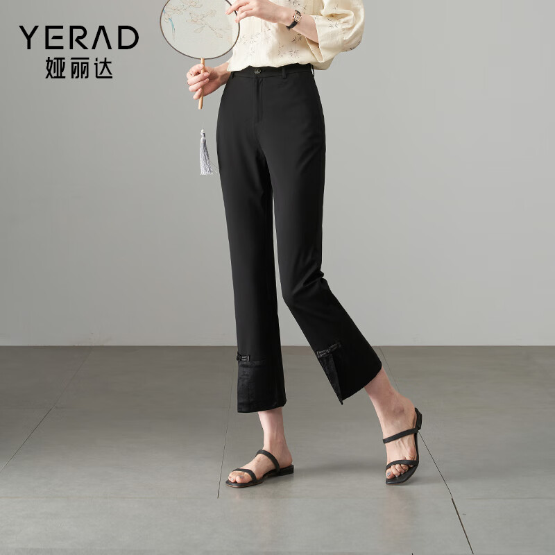 娅丽达新中式高级感直筒裤女2024夏季裤子小个子西装裤休闲裤 黑色（A0) 26