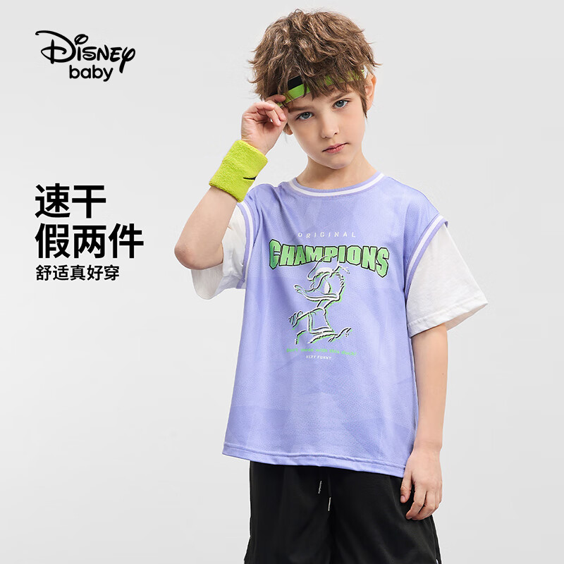 迪士尼运动集结令男童网眼速干假两件短袖T恤 电音紫 110