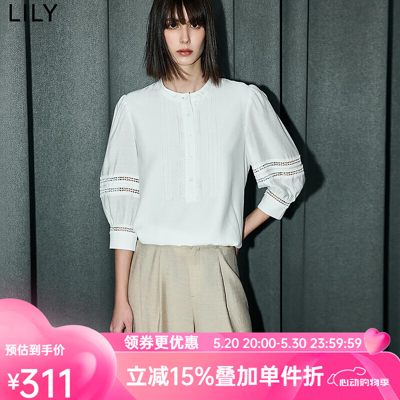 LILY2024夏季法式蕾丝镂空拼接醋酸H阔型通勤七分袖雪纺衫女 603本白 S