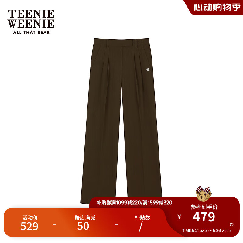 Teenie Weenie小熊2024年夏季捏褶直筒裤长裤休闲裤宽松时尚女 军绿色 175/XL