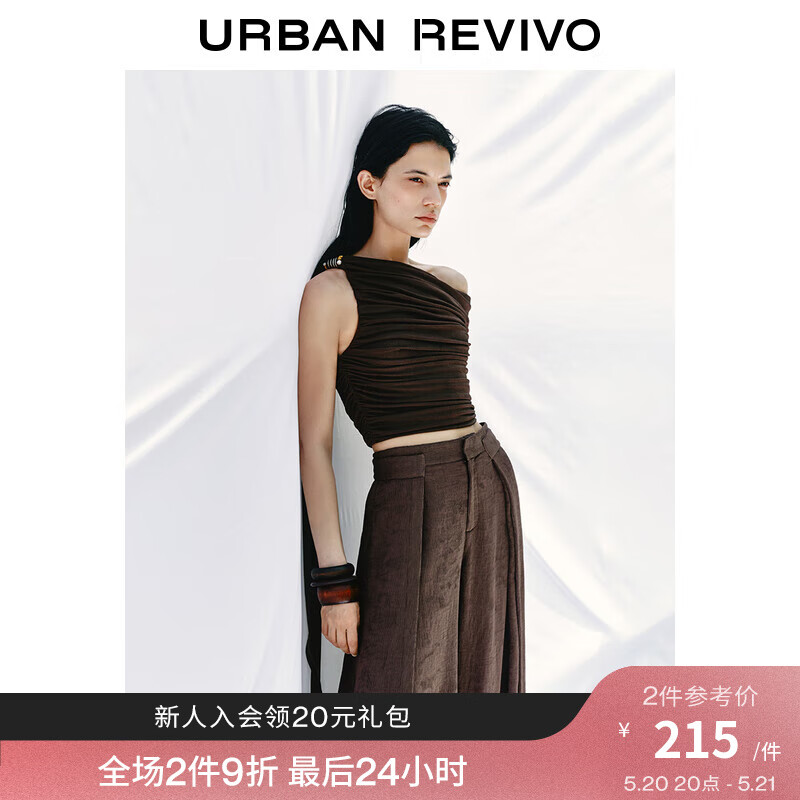 UR【UR设计师系列】2024夏季女装褶皱飘带T恤UWA440003 深咖棕 XL