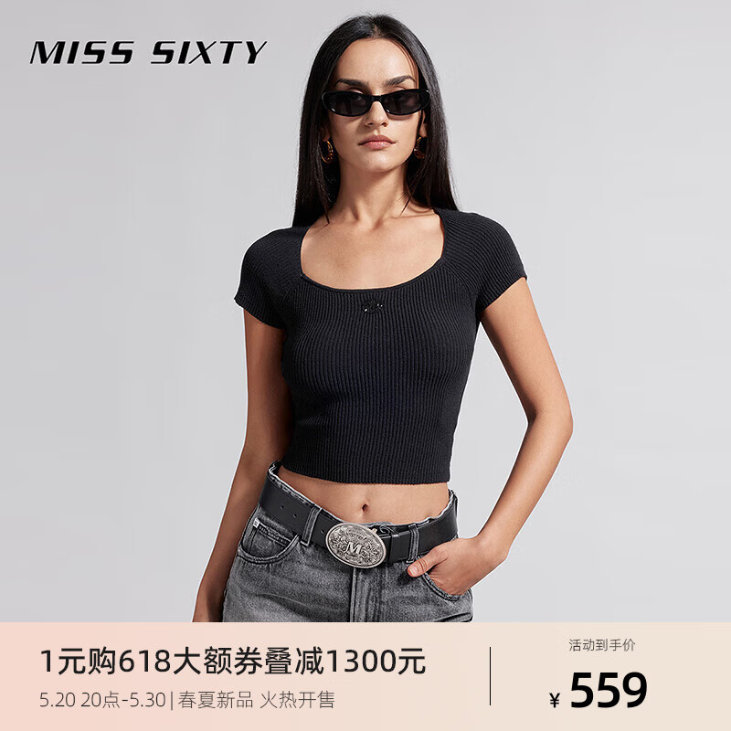 MISS SIXTY2024夏季针织衫女套头方领修身显瘦辣妹风含桑蚕丝 黑色 S