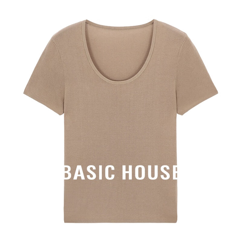 百家好（Basic House）薄款凉感天丝针织衫修身短袖打底衫纯色夏B0624H5X732 驼色 M