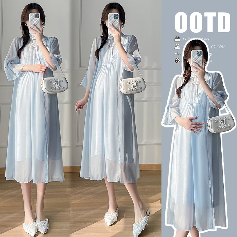 乌拓新中式春大码连衣裙秋2024国风复古改良旗袍女装小个子雪 蓝色连衣裙 配吊带裙 M