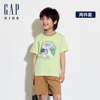 GAP男童2024夏季纯棉印花短袖T恤短裤套装户外风儿童装466026 绿棕组合 160cm(14-15岁)亚洲尺码