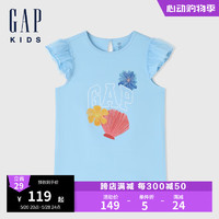 Gap女童2024夏季荷叶边网纱小飞袖logo印花短袖T恤上衣465940 蓝色 150cm(12-13岁) 亚洲尺码