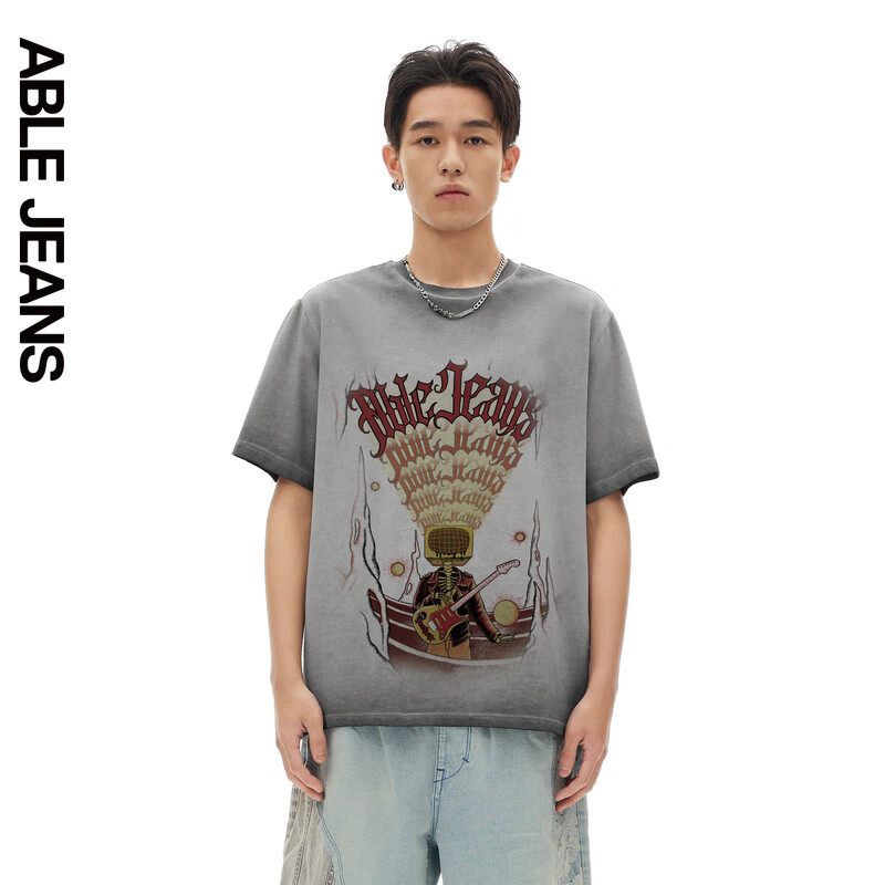 ABLE JEANS 男士复古街头摇滚朋克水宽松T恤 浅矿石灰