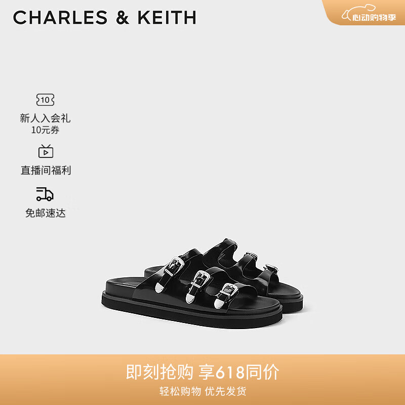 CHARLES&KEITH24夏时尚外穿皮带扣厚底凉拖鞋女CK1-70580226 Black Box黑色 35