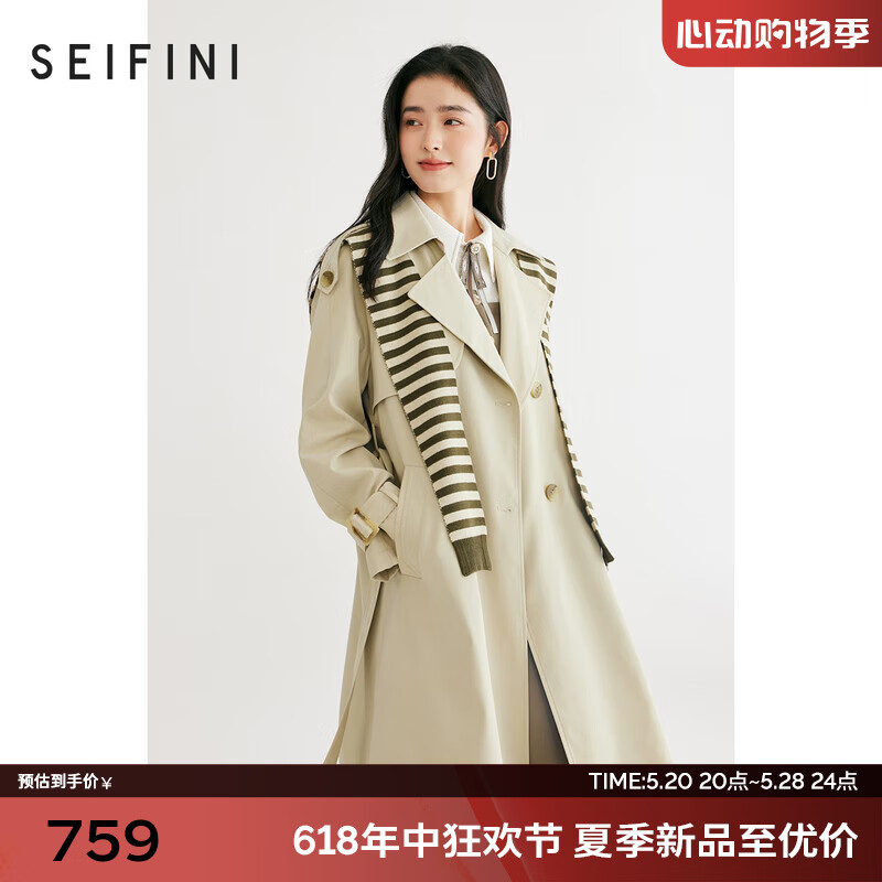 诗凡黎（'SEIFINI）风衣女条纹披肩中长外套3E1260031 乳白 150/76A/XS