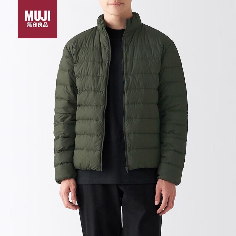 无印良品（MUJI）男式 便携式 立领羽绒夹克 ADE02C2A 羽绒服 深绿色 XL 