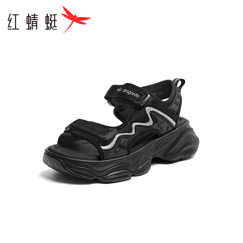 红蜻蜓运动凉鞋女24夏款增高厚底魔术贴休闲凉鞋 WBK24110黑色35