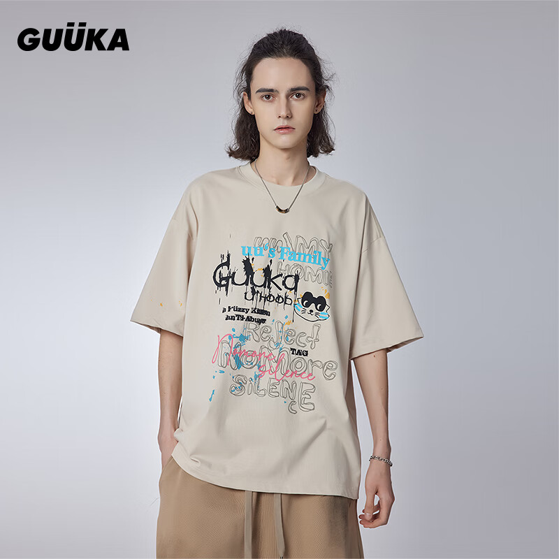 古由卡（GUUKA）潮牌猫系列可爱短袖T恤男夏 休闲简约纯棉上衣宽松百搭 浅卡其F4634 XS