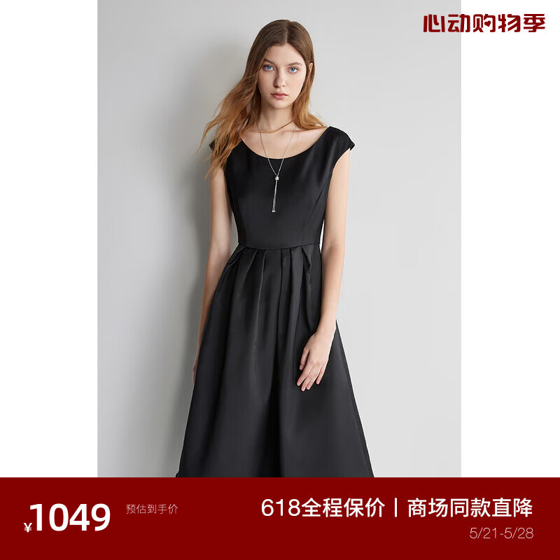 欧时力 丝光小黑裙2024新夏气质显瘦复古短袖连衣裙 黑色 XL