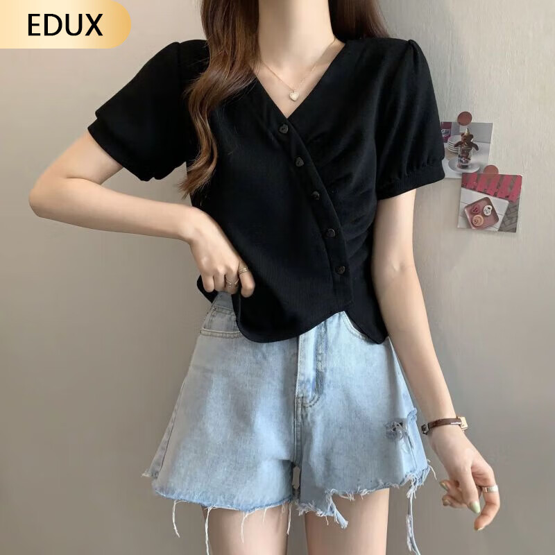 EDUX不规则正肩泡泡短袖v领t恤女开叉设计感小众高腰夏季别致短款上衣 黑色 2XL_135-150斤