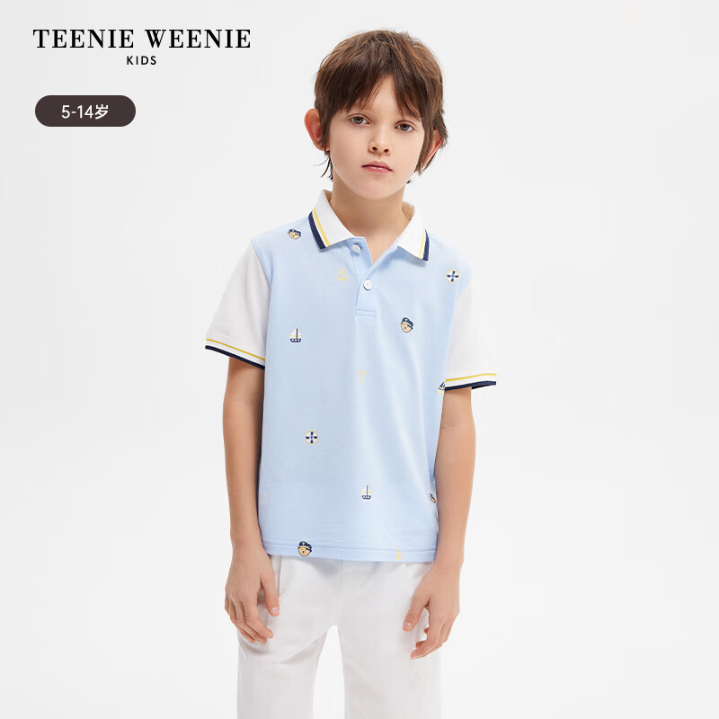 Teenie Weenie Kids小熊童装男童24年夏季款可爱撞色短袖POLO衫 蓝色 120cm