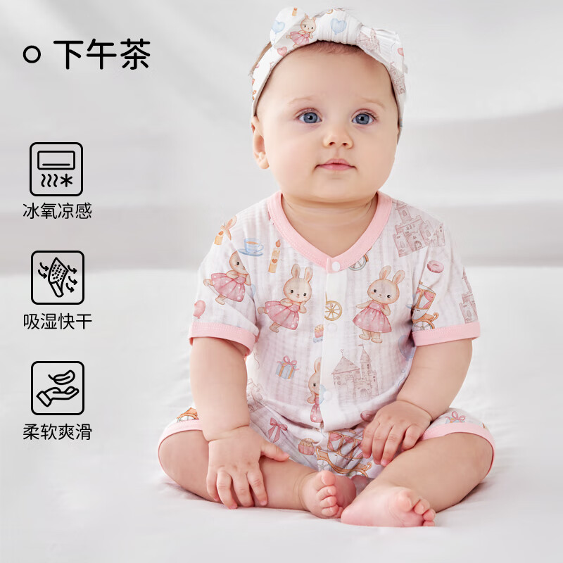 欧孕2024婴儿连体衣夏季婴幼儿衣服男女宝宝薄款空调服哈衣长袖睡袋 下午茶-短袖 80码