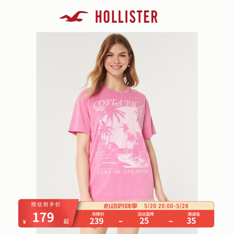 HOLLISTER24夏季美式印花棉质宽松圆领短袖T恤 女 KI357-3237 粉色 M (165/92A)