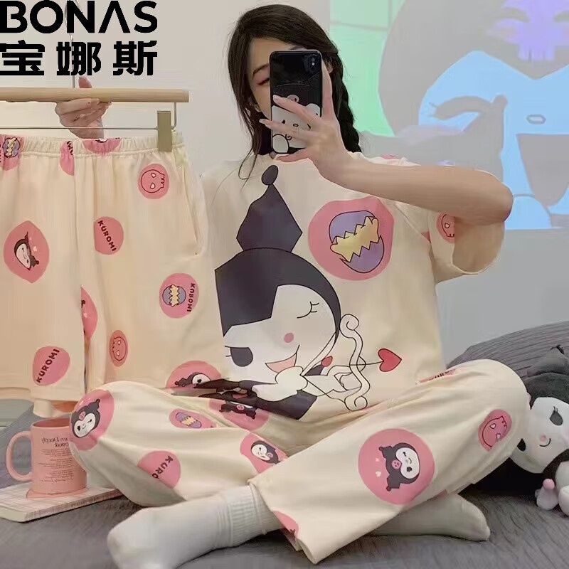 宝娜斯（BONAS）Z韩版卡通三件套夏款睡衣女 CF库洛米三件套 M（75-95斤）