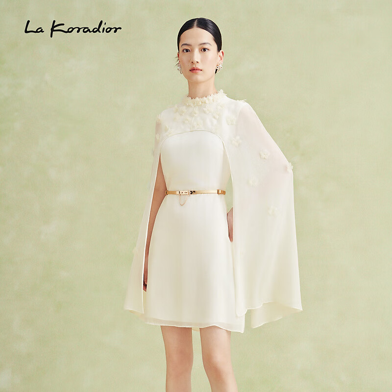 拉珂蒂（La Koradior）2024春100桑蚕丝斗篷气质礼服连衣裙 本白色 XL