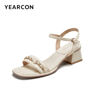 YEARCON 意尔康 女鞋2024夏季女士粗跟凉鞋外穿时尚法式仙女风一字扣带高跟