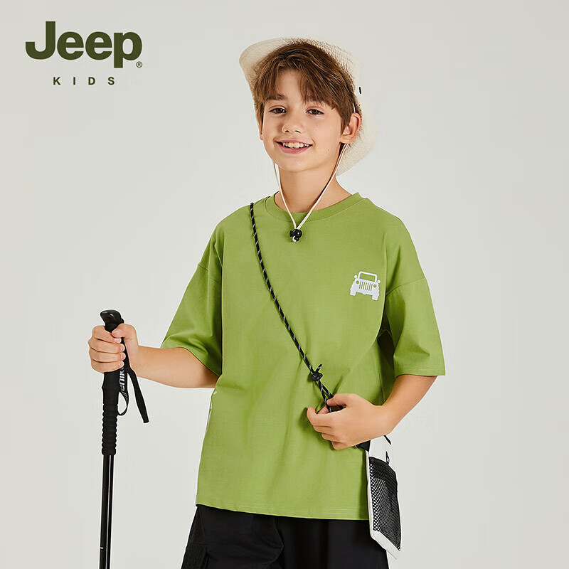 Jeep吉普童装儿童短袖2024夏季男童女童短袖T恤短款时尚帅气上衣 橄榄绿 175cm 【身高170-180】