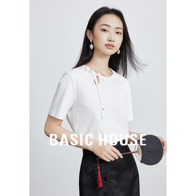 百家好（Basic House）国风盘扣T恤女小个子新中式盘扣白色上衣夏季B0624H5T382 白色 S