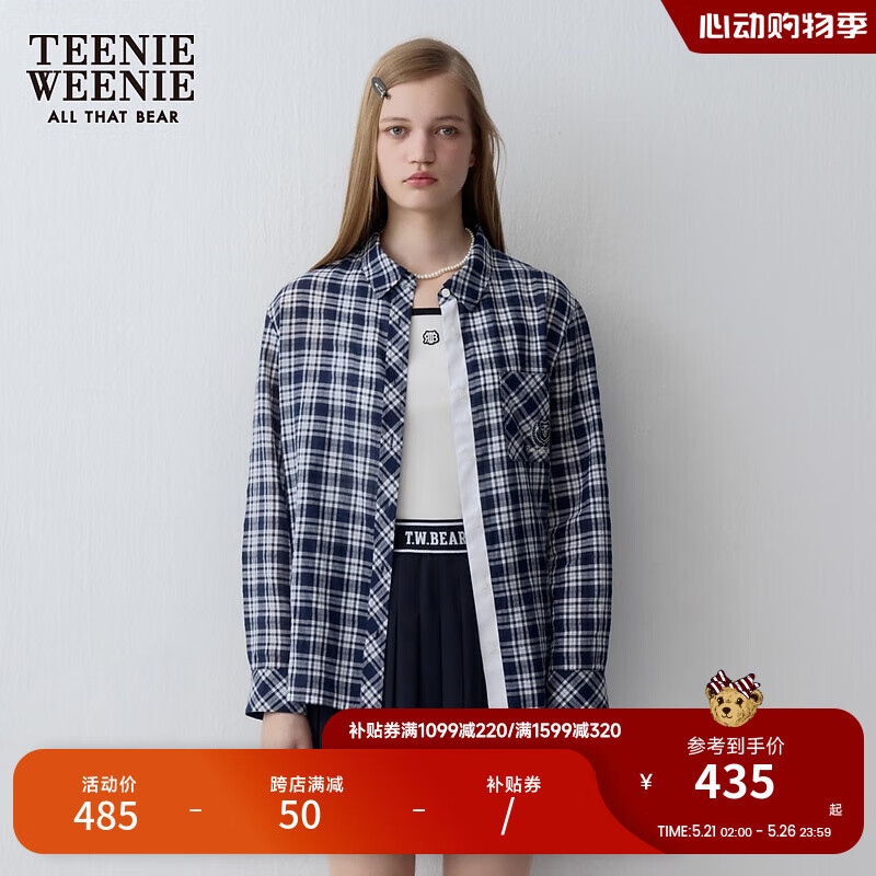 Teenie Weenie小熊女装2024夏季时尚格纹长袖衬衫宽松上衣衬衣 藏青色 170/L