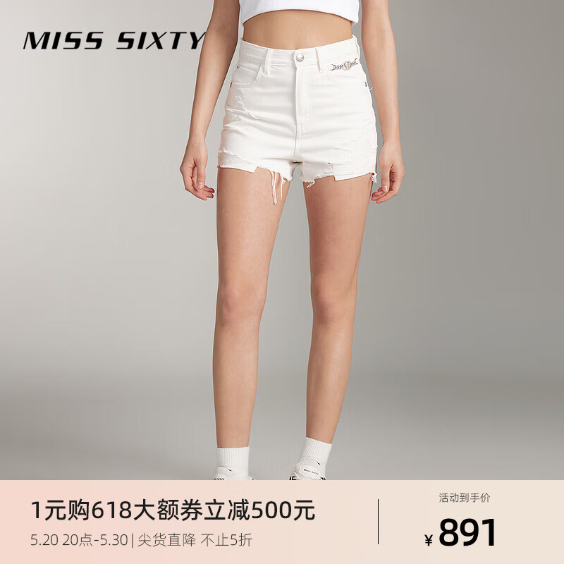 MISS SIXTY2024夏季新款牛仔短裤女链条破烂设计高腰显瘦直筒