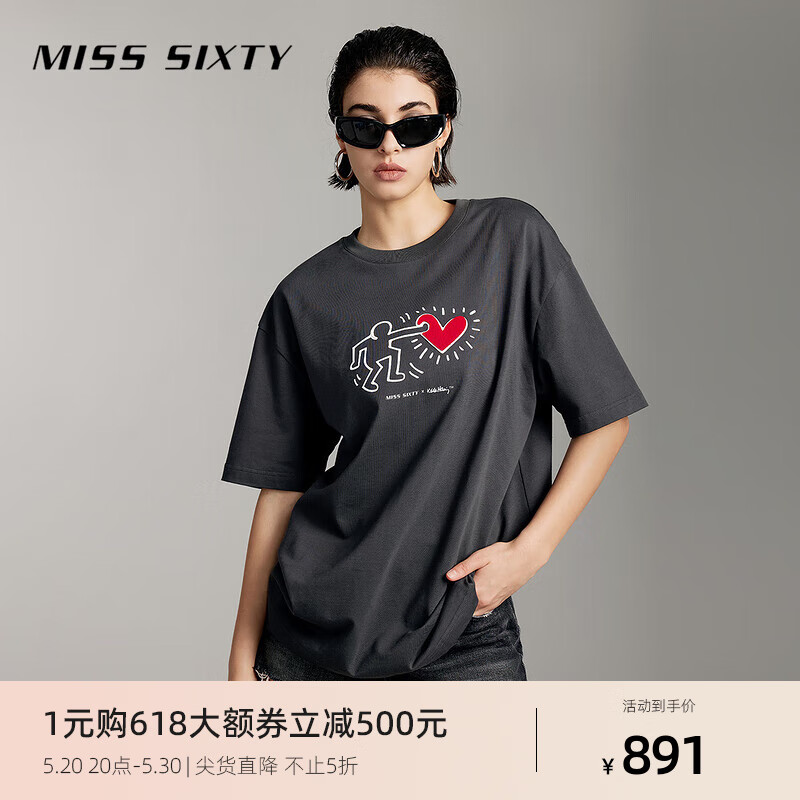 MISS SIXTY x Keith Haring 跨界合作系列2024夏季T恤女圆领 灰色 S