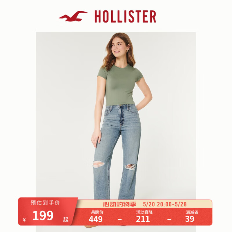 HOLLISTER24春夏高腰中间色水洗破洞直筒牛仔裤女 KI355-4231 破洞款，中间色水洗 150/66A 2短版