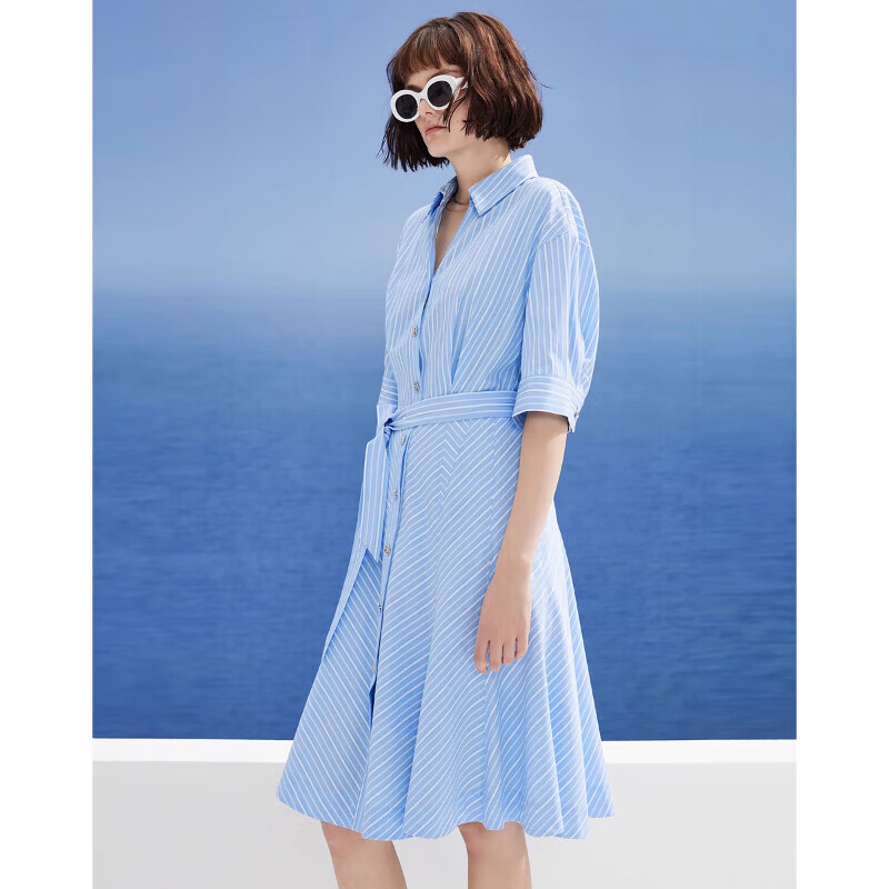DKNY2024春夏条纹拼缝收腰系带荷叶裙摆衬衫连衣 蓝条纹 XL(170/92A)
