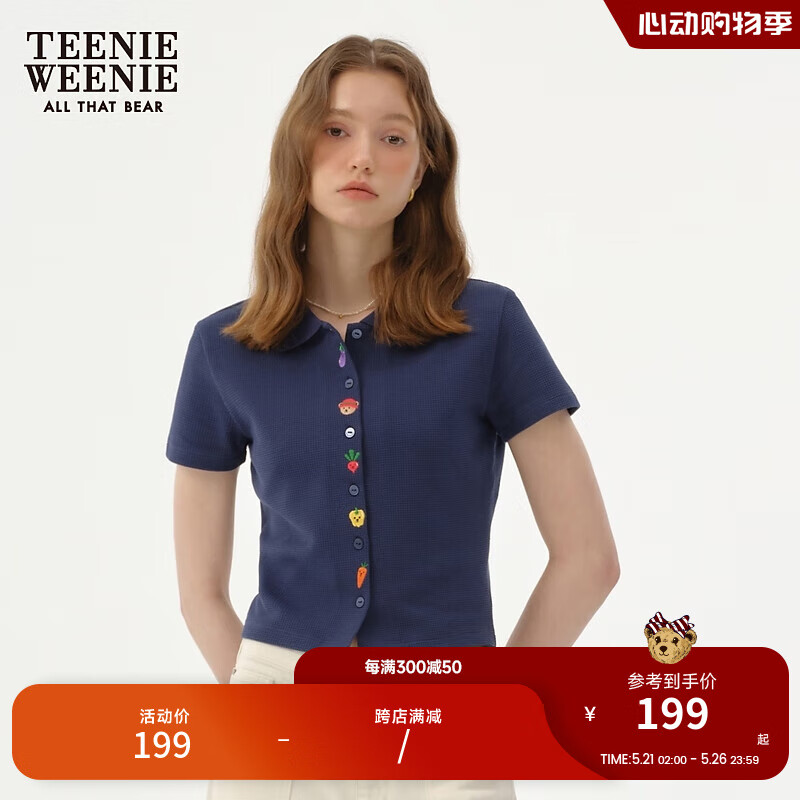 Teenie Weenie小熊女装2024夏装修身短款polo衫设计感刺绣T恤 藏青色 165/M