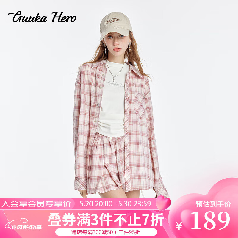 古由卡（GUUKA）HERO美式复古格子长袖衬衫女夏潮 多巴胺舒适柔软上衣宽松 粉色C60721 M