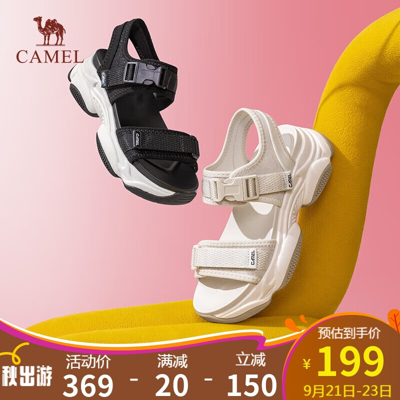 骆驼（CAMEL）动感风织带细闪车缝线魔术贴松糕底运动凉鞋 L23M504136 米色 37 L23M504136,米色