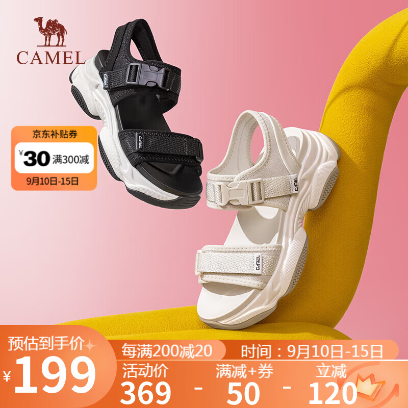 骆驼（CAMEL）动感风织带细闪车缝线魔术贴松糕底运动凉鞋 L23M504136 米色 39 L23M504136,米色