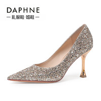 DAPHNE 達芙妮 水晶鞋氣質2024新款高跟鞋女婚鞋宴會銀色尖頭細跟新娘鞋
