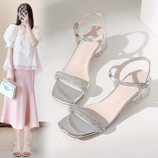 瓦米诺凉鞋女夏季2024新款外穿精致配裙子气质水钻透明一字带银色高跟鞋 银色 37