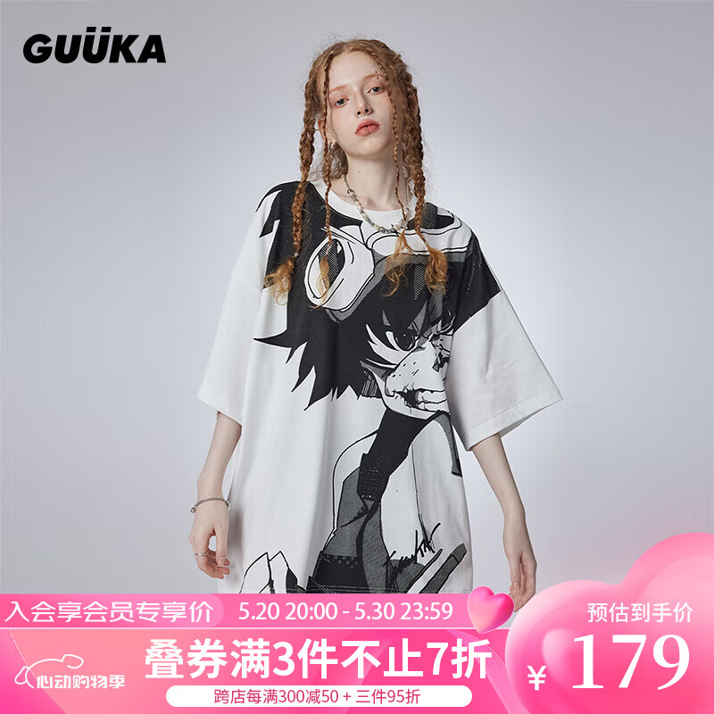 古由卡（GUUKA）潮牌休闲大廓形二次元动漫印花T恤男夏 舒适短袖上衣宽松 白色F4657 M