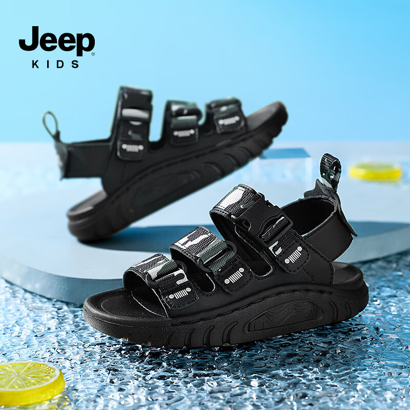 JEEP儿童运动凉鞋夏季软底防滑露趾沙滩鞋6-12岁童鞋 黑迷彩31 31（适合脚长19.2cm）