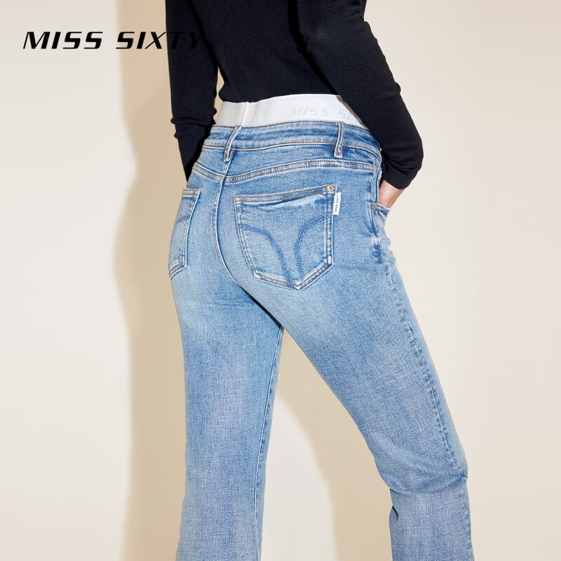 MISS SIXTY【土耳其牛仔】2024夏季牛仔裤女微喇拼接双腰头 中蓝-常规 26