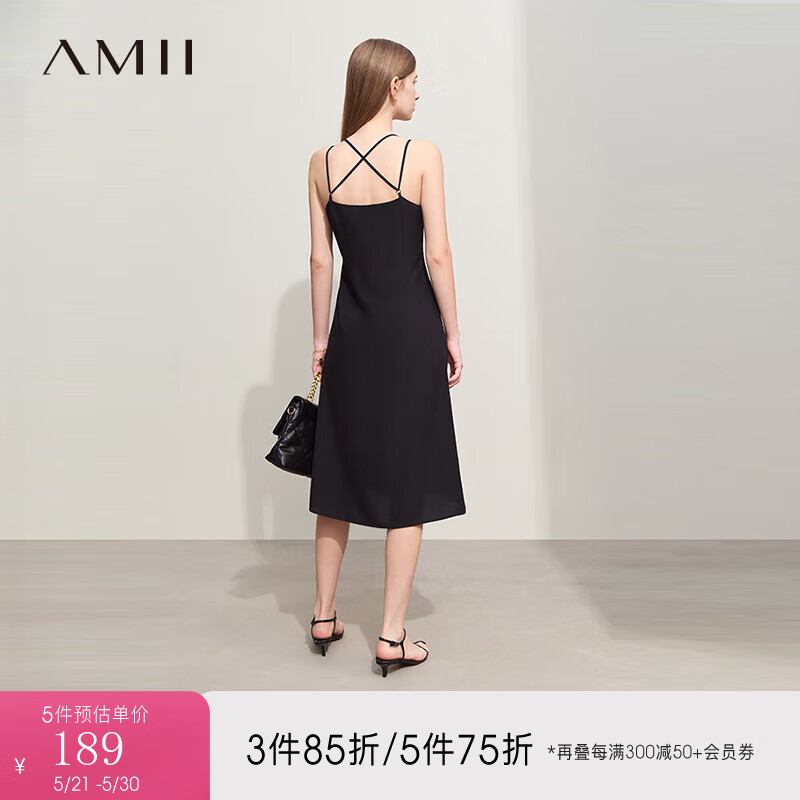 AMII2024夏极简纯色修身细斜纹梭织交叉吊带连衣裙女款 黑色 170/92A/XL