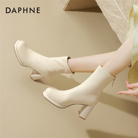 DAPHNE 達芙妮 配裙子白色短靴女鞋靴子2024新款粗跟小個子馬丁靴英倫風