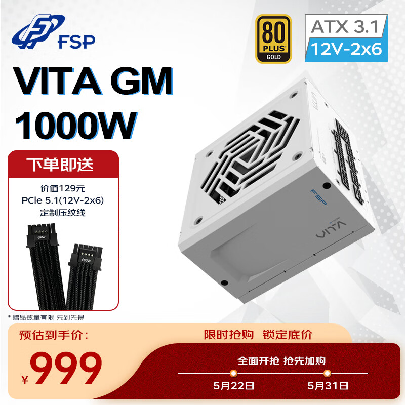 全汉（FSP）VITA GM 1000W雪装版金牌全模组电源（ATX3.1/PCle 5.1 12V-2x6接口/105℃工业等级日系电容）