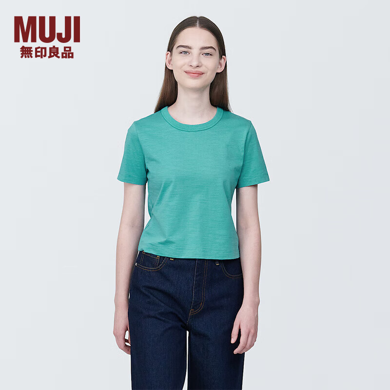 无印良品（MUJI）女式 粗细不均纱线 短款短袖T恤 上衣打底衫内搭BB2PHA4S 浅绿色 XL (165/92A)