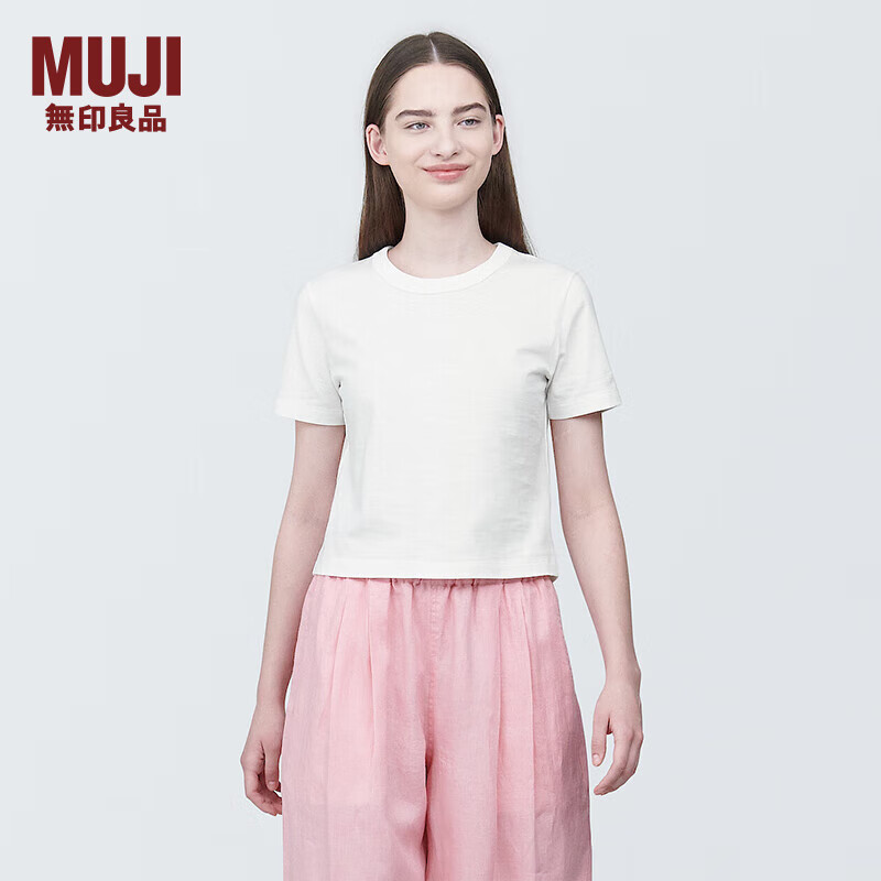 无印良品（MUJI）女式 粗细不均纱线 短款短袖T恤 上衣打底衫内搭BB2PHA4S 白色 S (155/80A)