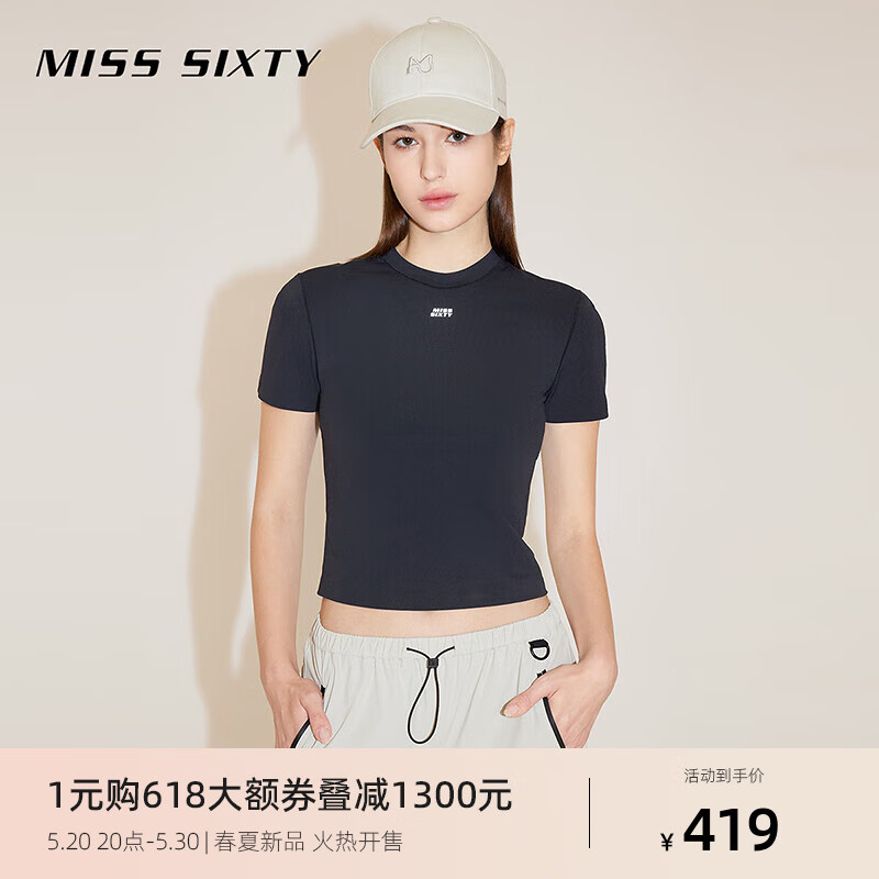 MISS SIXTY2024春季短T恤女圆领修身美式复古运动风正肩显瘦 黑色 M