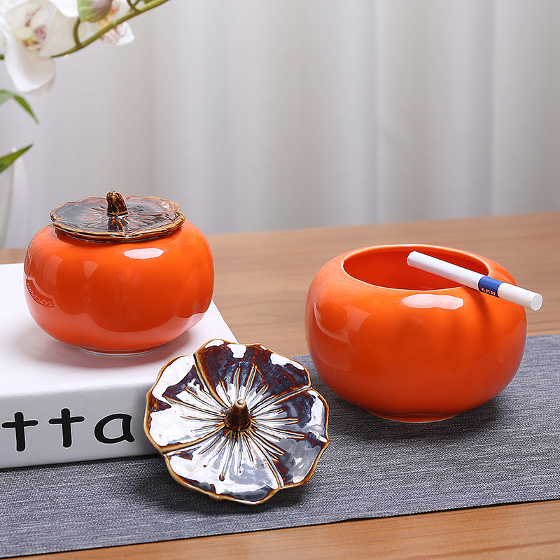 创意柿子烟灰缸客厅陶瓷个性潮流大号带盖防飞灰家用茶几摆件