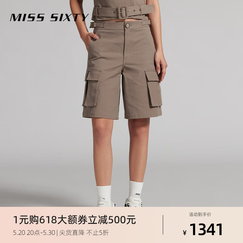 MISS SIXTY2024夏季短裤女卡其色复古工装风高腰直筒五分裤 卡其 XS